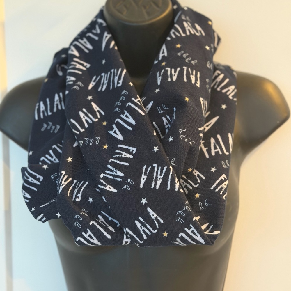 FALALA MONOGRAMMED SOFT INFINITY SCARF INAVY WITH WHITE LETTERING & WHITE STARS